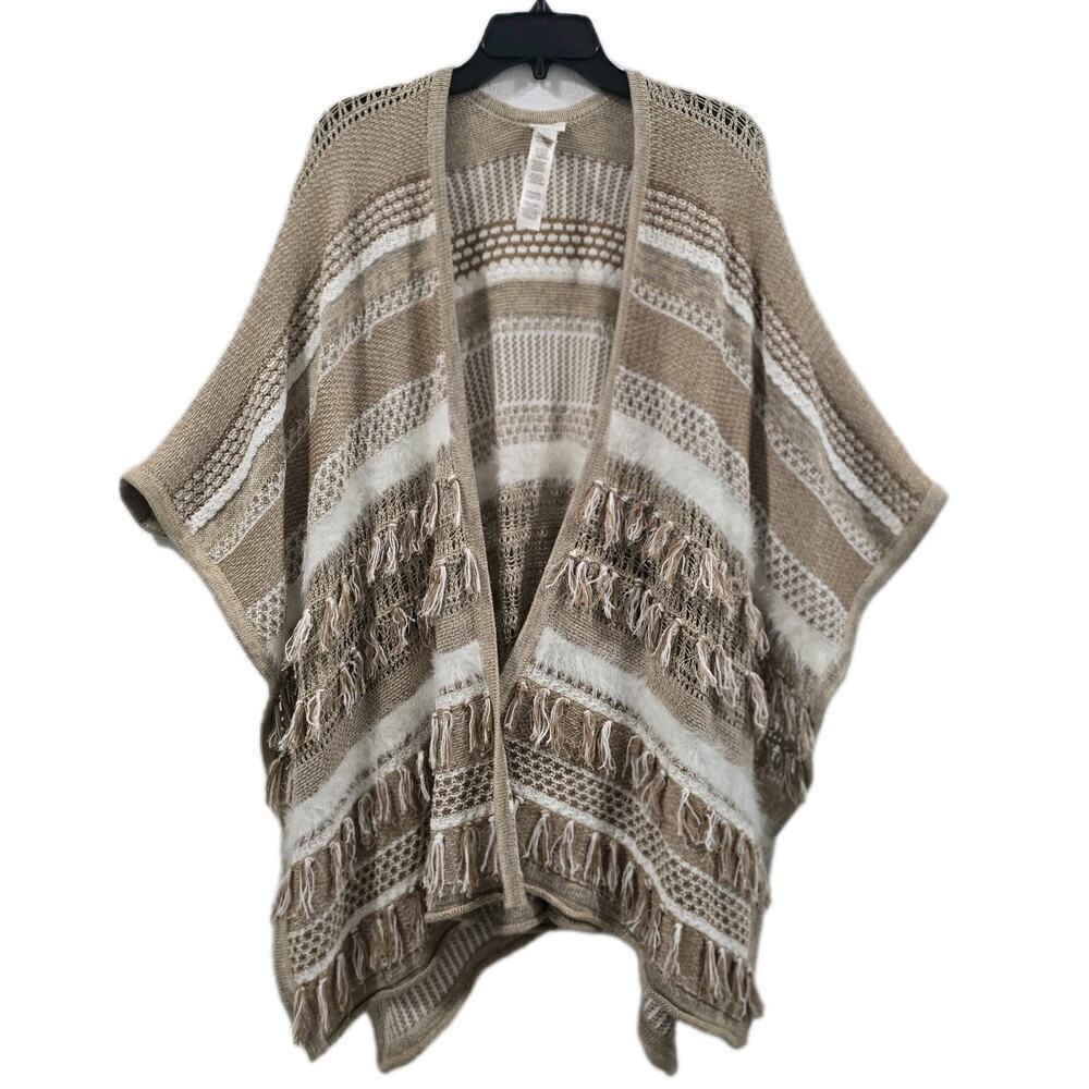 Chico’s One Size Open Front Knit Poncho Cardigan Beige Cream  Boho Sweater32